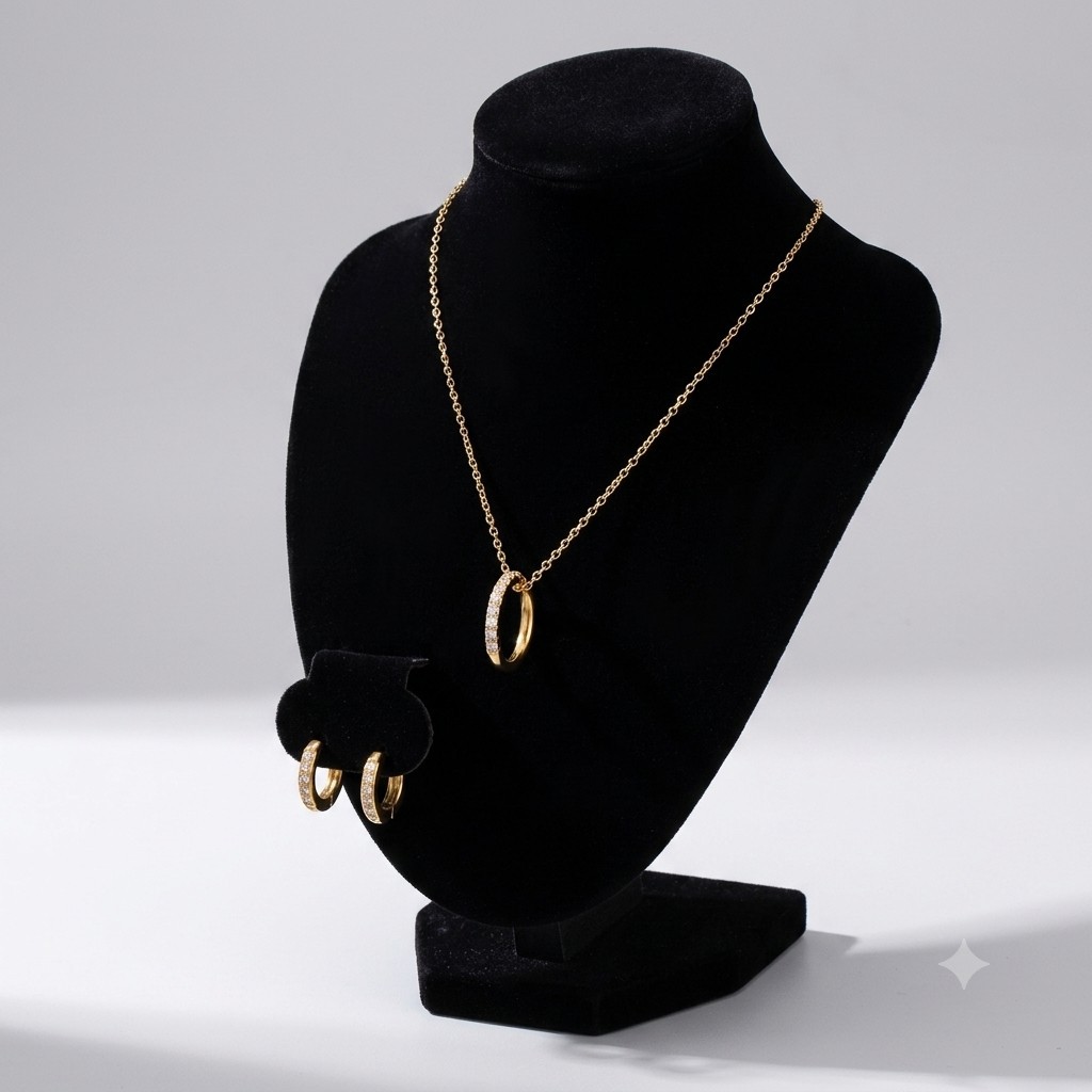 Gold-Tone Clear Cubic Zirconia Pendant Necklace & Hoop Earrings Jewelry Set