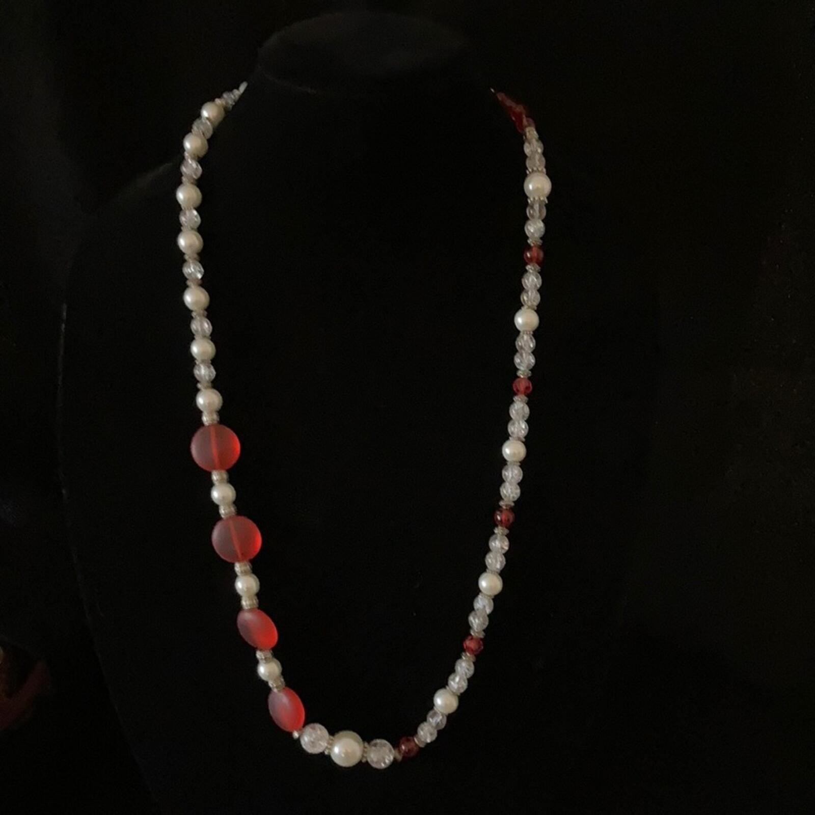 Pearl, Red Sea glass, & crackle glass necklace