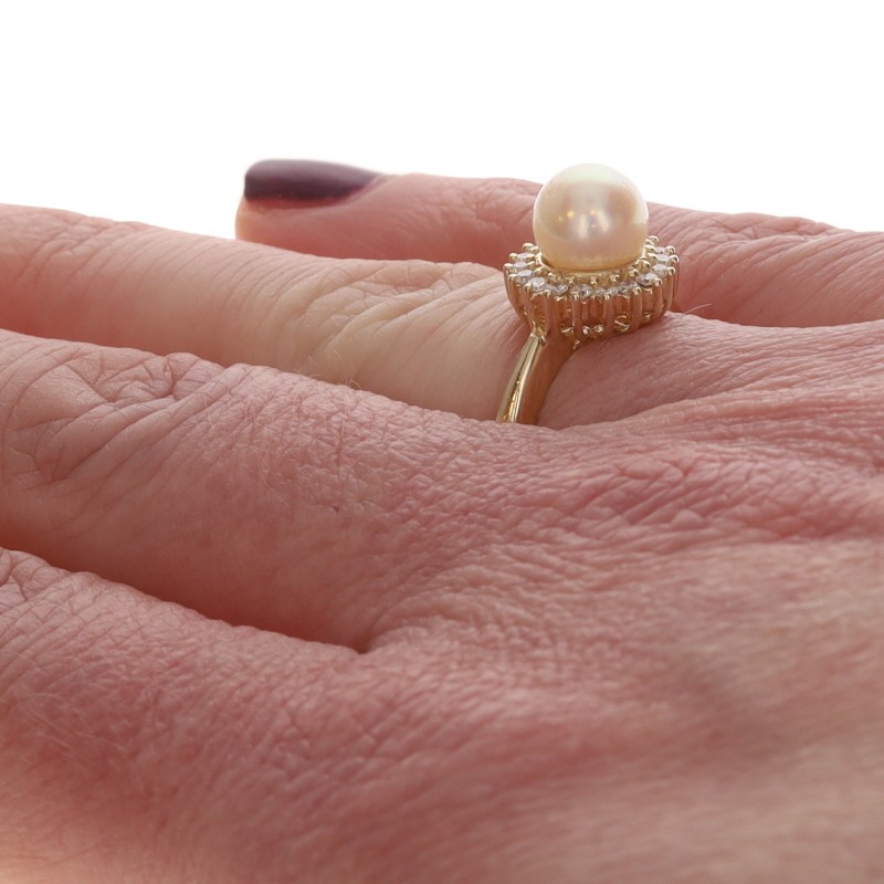 Yellow Gold Pearl Diamond Halo Ring – 14k .20ctw