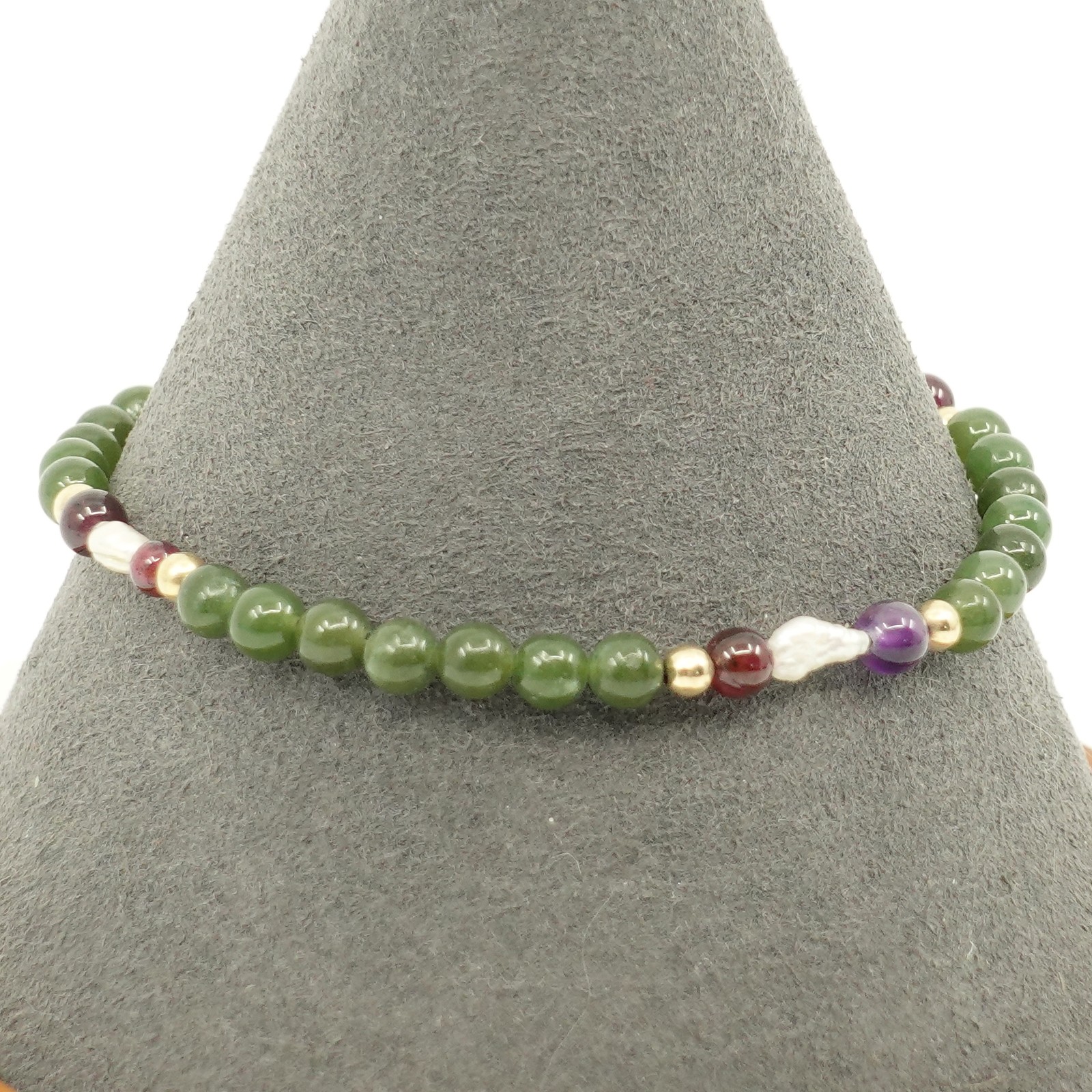 Petite Beaded Bracelet with Green, Brown, & Pearl Beads