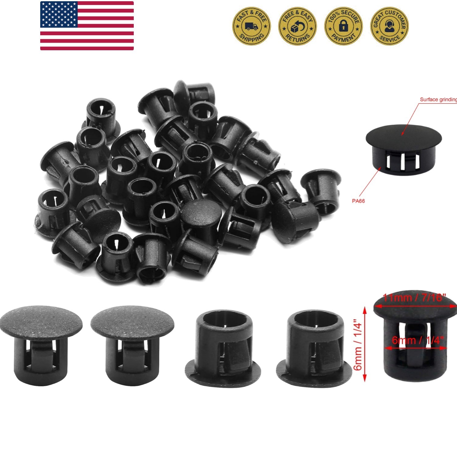 30PCS 6mm 1/4″ Black Hole Plugs Plastic Flush Type Hole Plugs Snap in Locking…