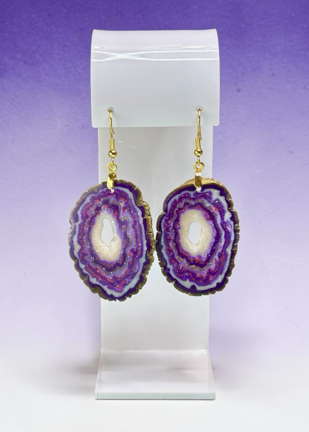 Med Faux Amethyst Geode Slice Polymer Clay Handmade Dangle Earrings SS Ear Wires