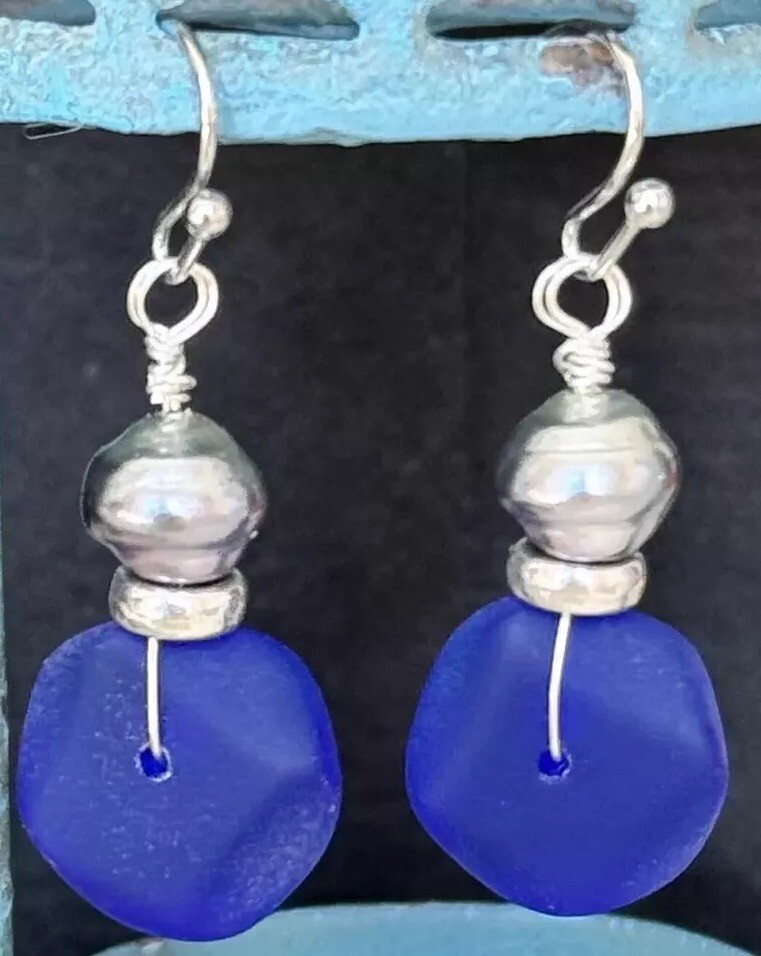 Silver, Cobalt Blue Frosted Sea Glass and Pearly Gray Bead Earrings. Beach.