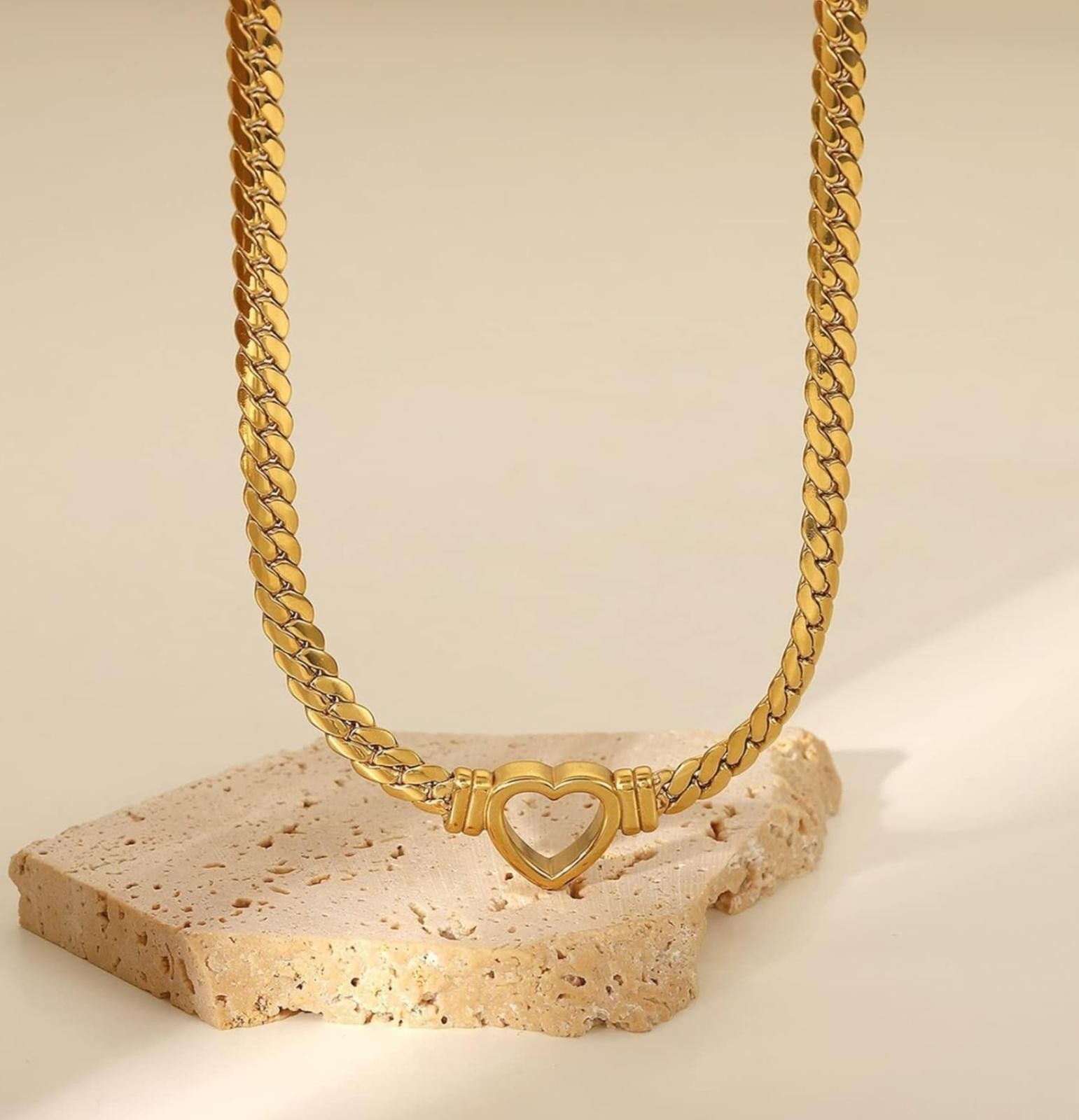 Flat Cuban Link Chunky Chain Necklace Gold Stainless Steel Hollow Heart Charms