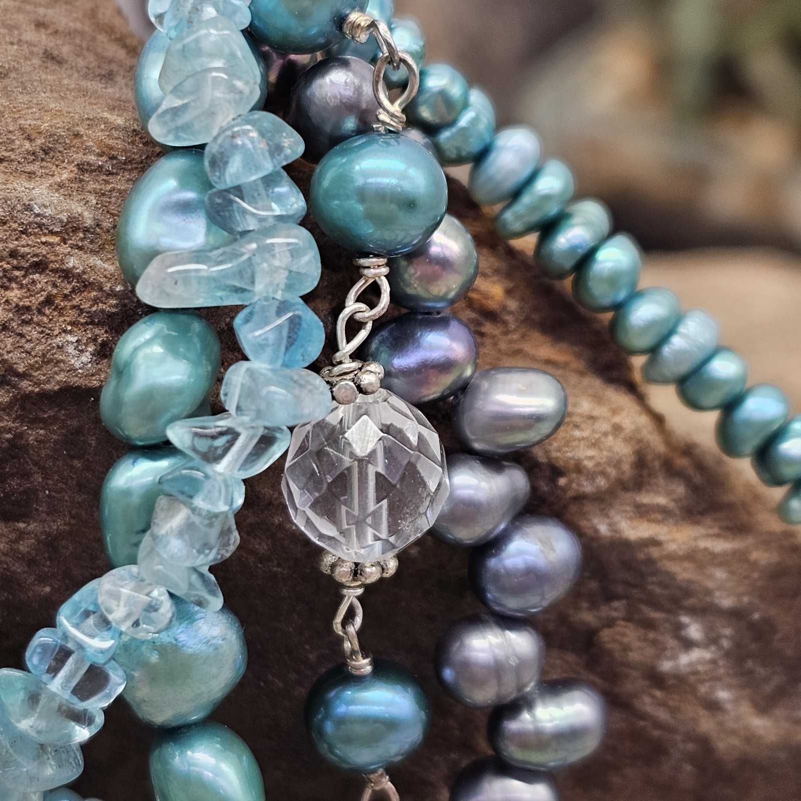 925 Sterling Multi Strand Pearl Apatite Quartz Beaded 17″+ Necklace Blues