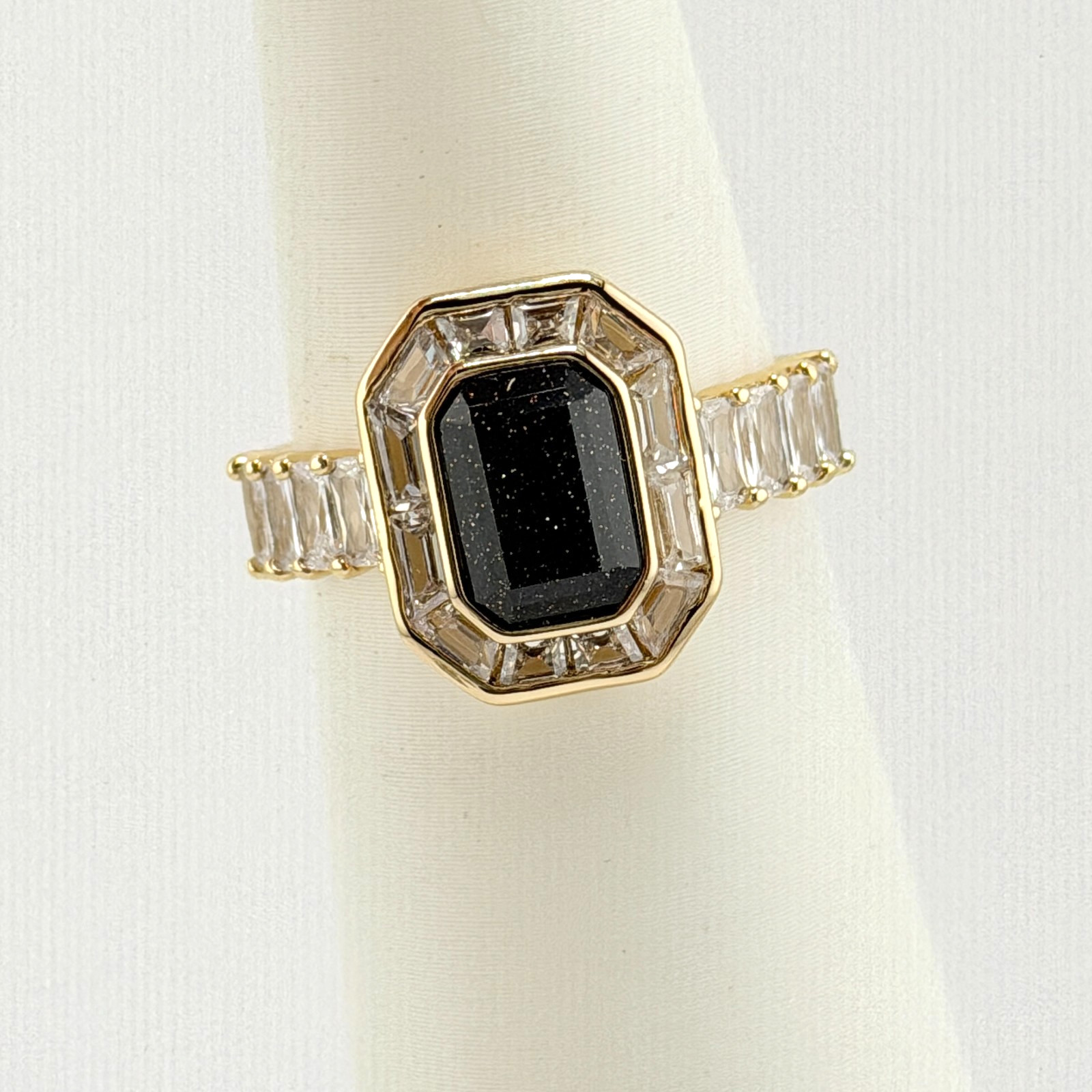 Bomb Party Ring Sz 7 “Nocturnal Habit” Black Onyx Sandstone on Yellow Gold