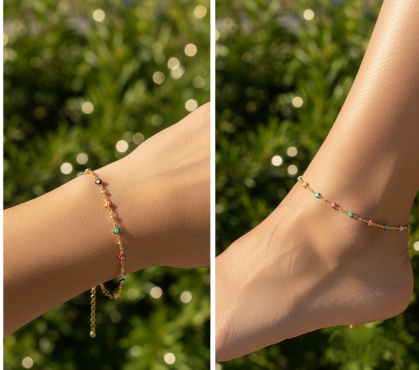 Dainty Gold Plated Anklet Multi-Color Evil Eye Charm Bead Chain Design For Women