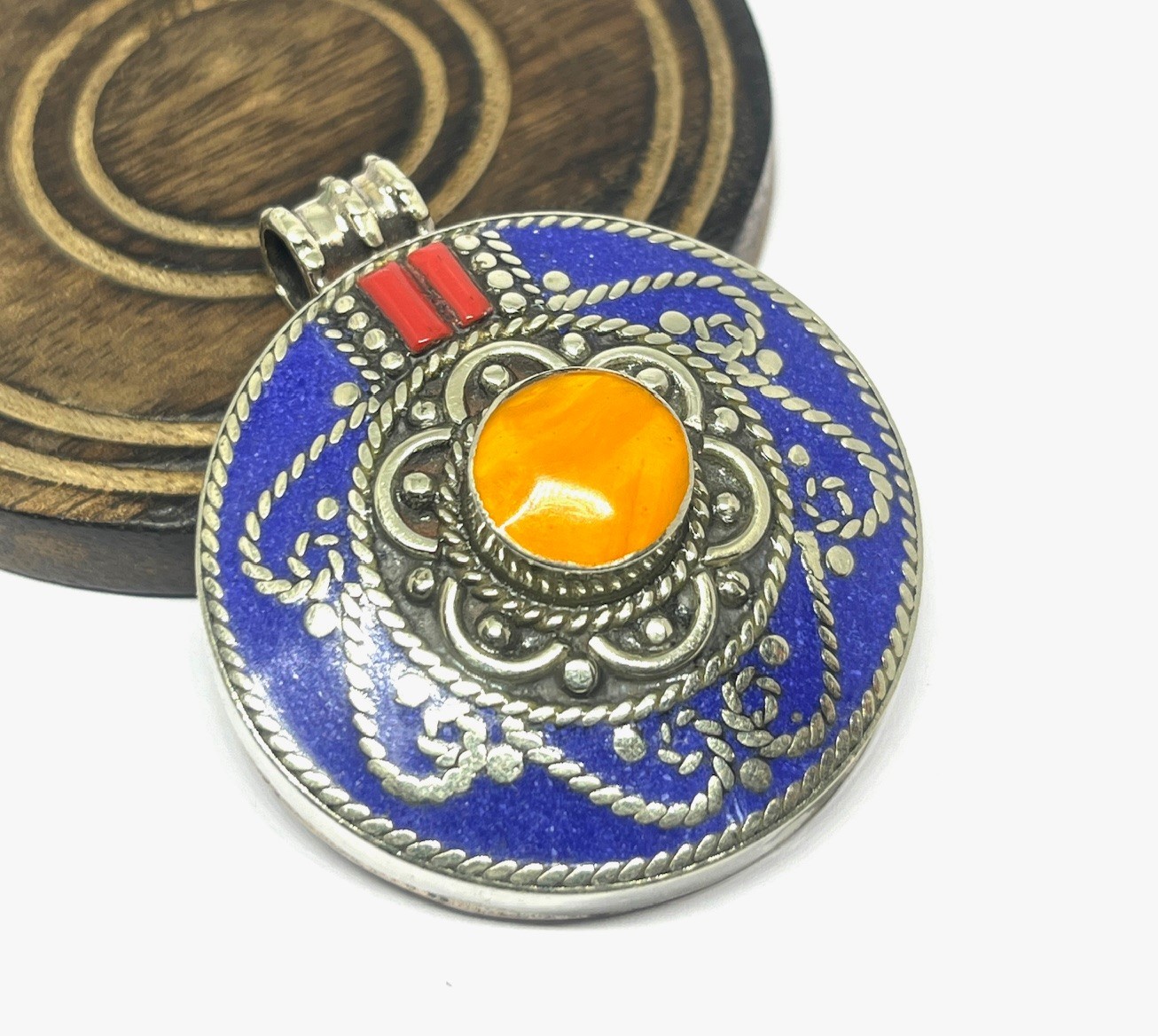Art Deco Lapis Lazuli Amber Gemstone Tibetan Style Pendant Jewelry, 2.0 inch