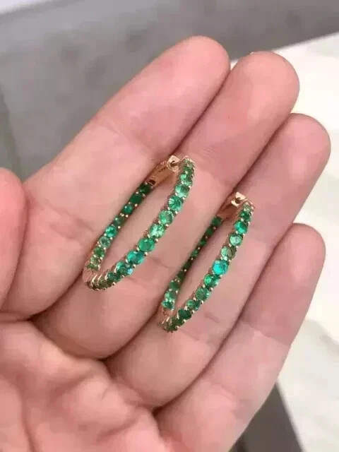 3Ct Round Cut Lab Created Green Emerald Hoop Earrings In 14K Yellow Gold Plated