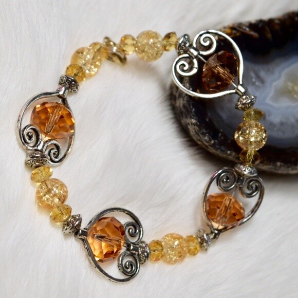 Beaded Bracelet Silver Tone Cream Champagne Colored Beads Statement Jewelry