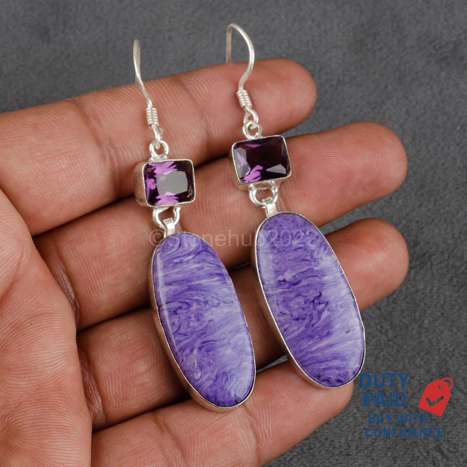 OVAL Genuine CHAROITE 925 Silver Sister Channel Set Anniversary Drop Earrings