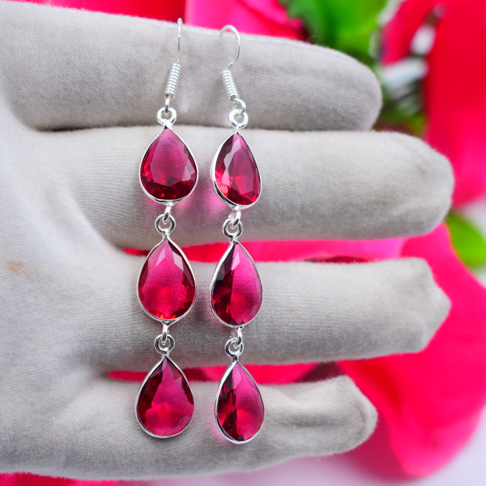 Pink Rubellite Gemstone Handmade 925 Sterling Silver Jewelry Earring Size-2.5″