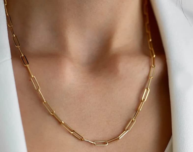 14k Yellow Real Gold Paperclip Chain Necklace, 3mm (18.0 Inches)