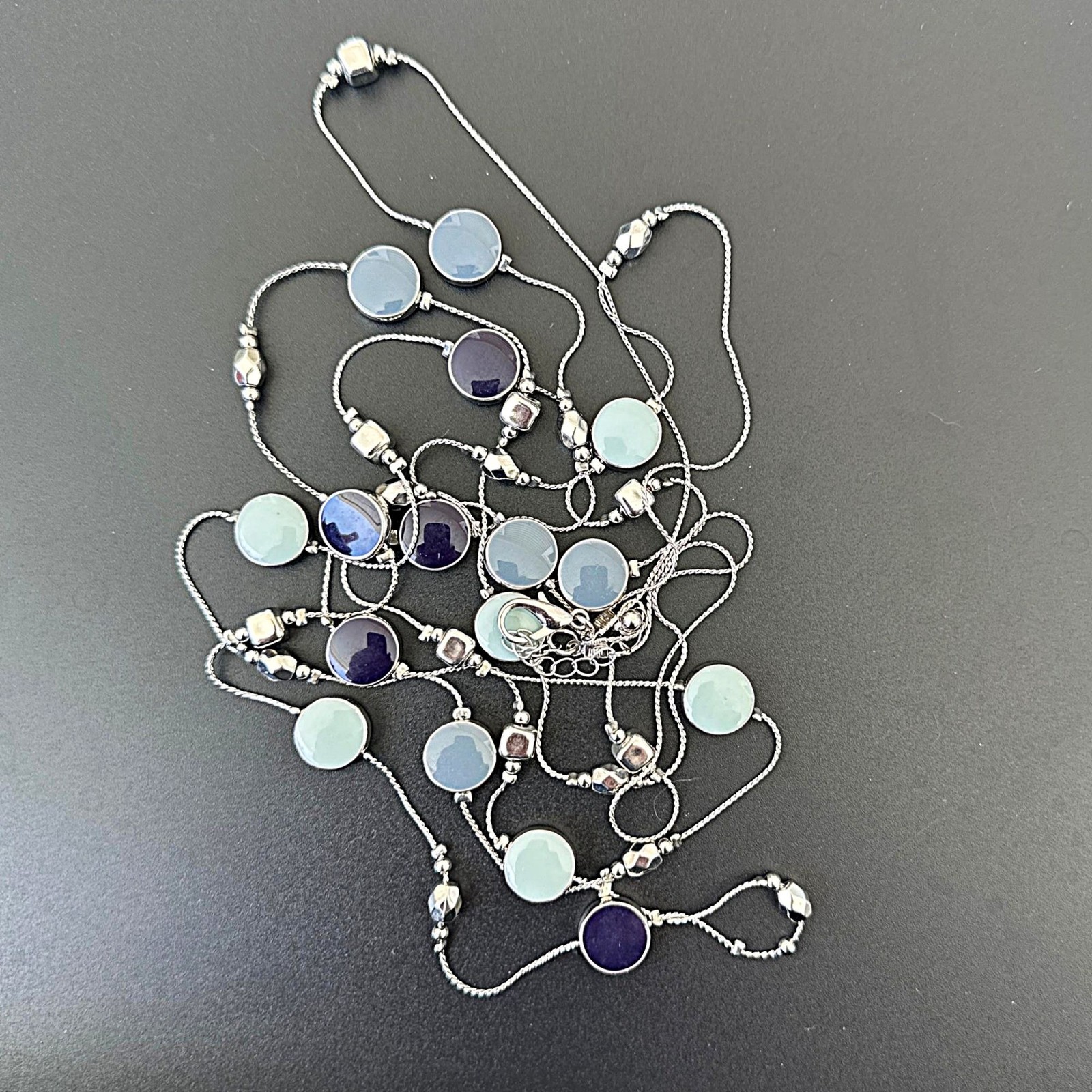 Long Double Strand Necklace Sky Blue Navy Enamel Beads Silver Tone NWOT Womens