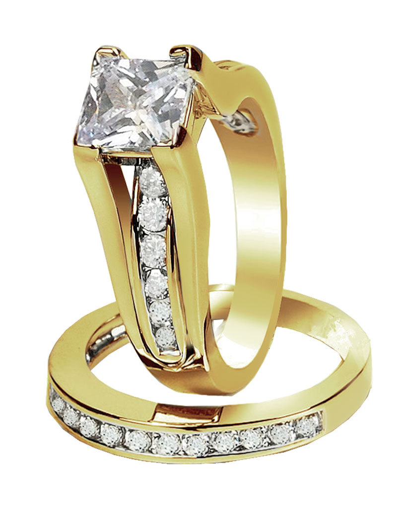 14k Gold Plated Princess Cut Engagement Wedding Rings Set For Womens Size 5-11