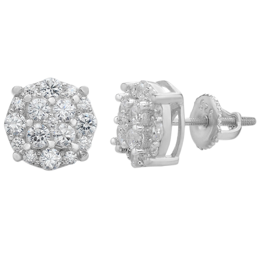 Aretes Para Hombre Redondos Con Diamantes Botones De Plata 925 Solida 1/3″