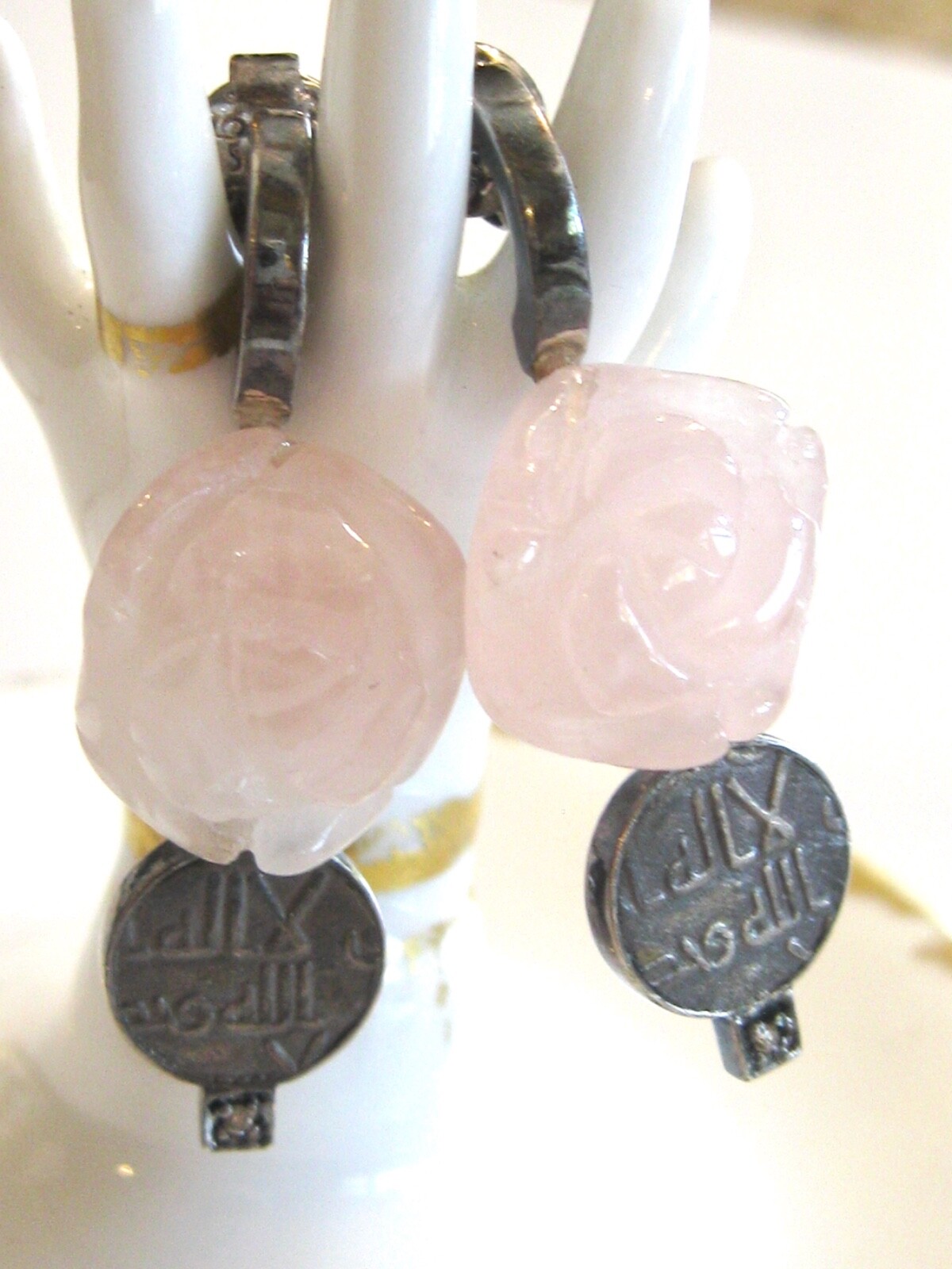 HANDMADE POST EARRINGS FLORAL CARVED ROSE QUARTZ COINS DIAMONDS MYSTERY NUMBER
