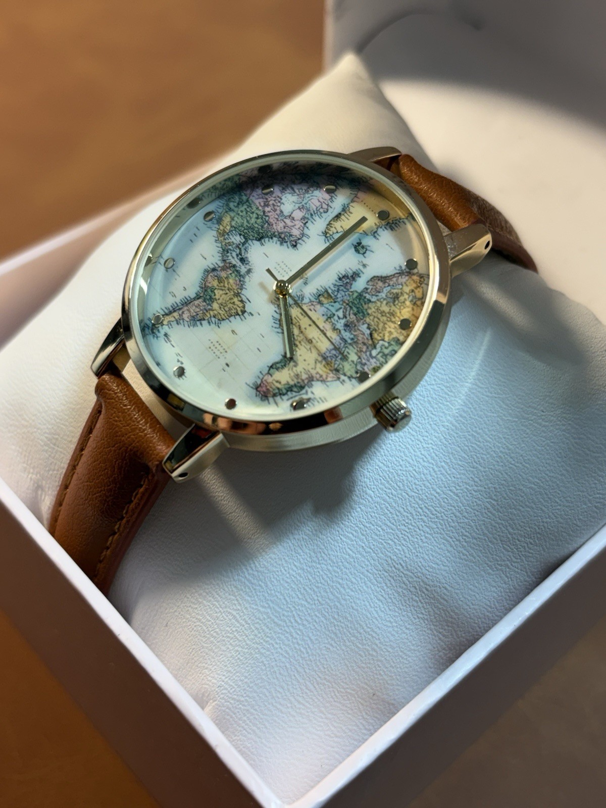 World Map Francescas Women’s Quartz Watch Gold Tone Ladies Leather Band,Box