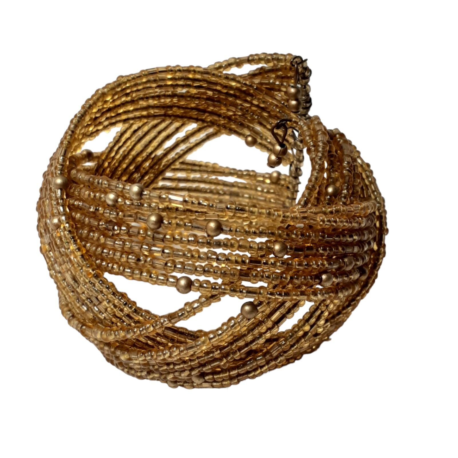 Memory Wire Wrap Bracelet Beaded Braided Gold Tone Sparkly Glass Seed Beads