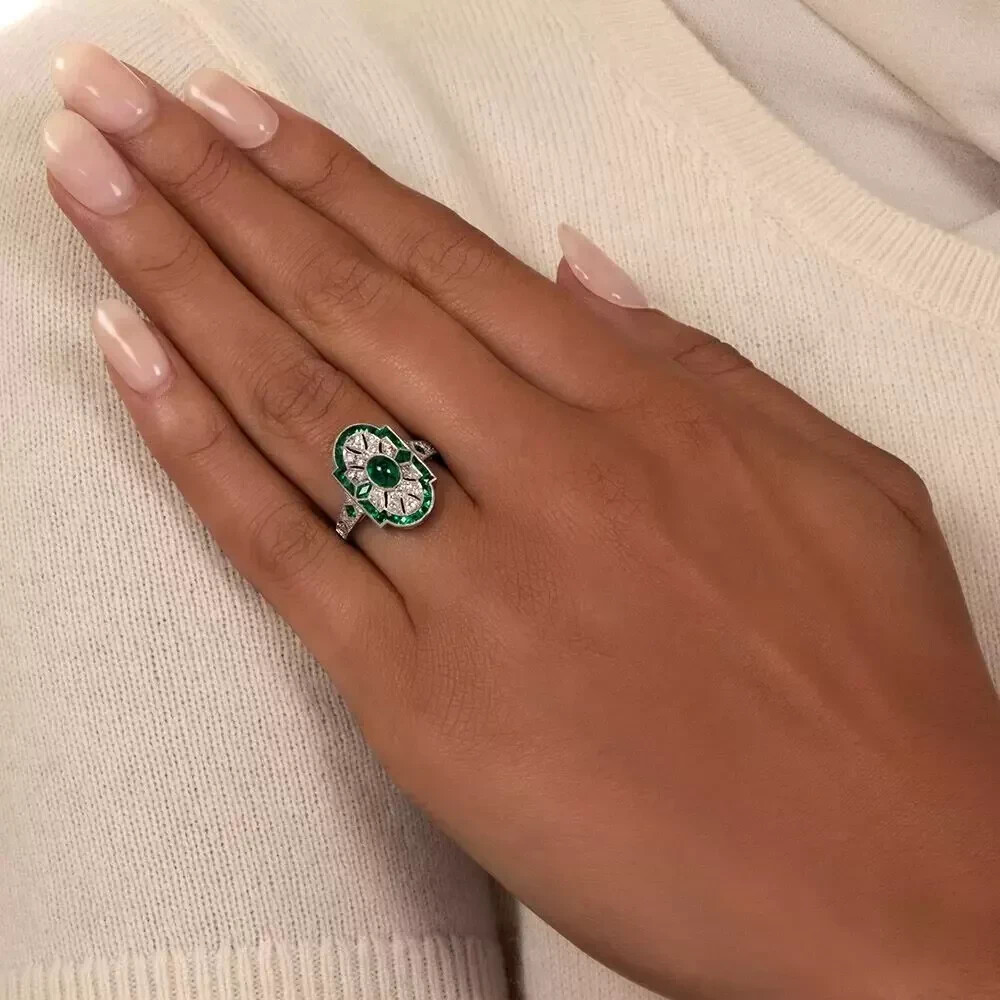 Art Deco Vintage Style Oval Emerald Milgrain Engagement 14K White Gold FN Ring
