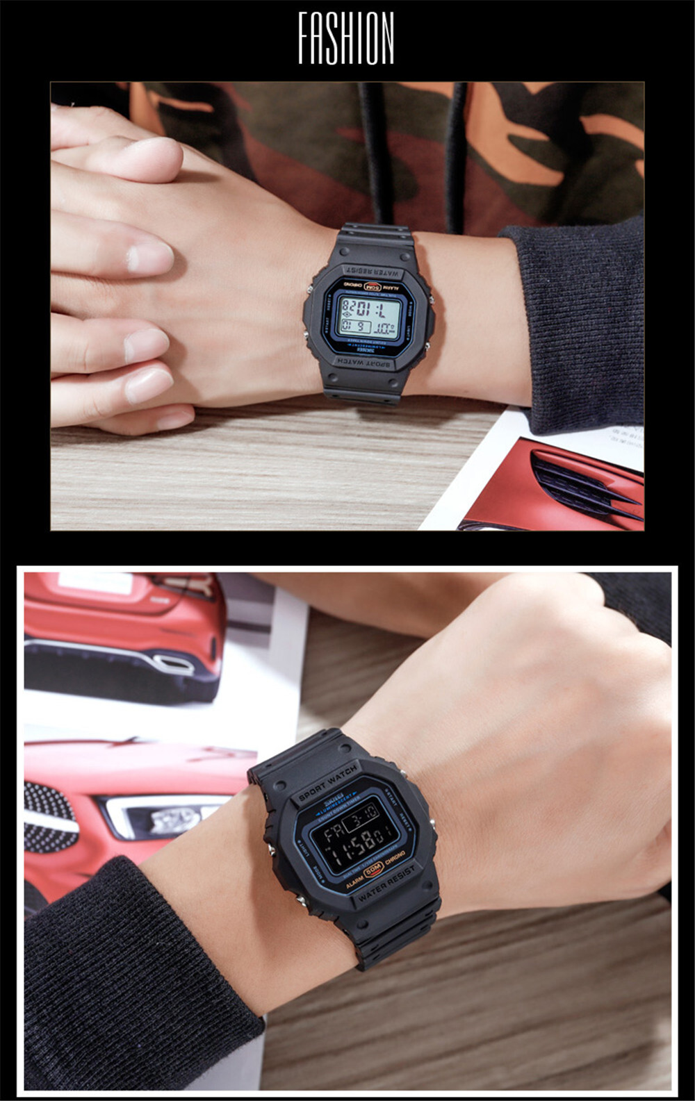 SKMEI Men Sport Watch Rectangle Digital Wristwatch Countdown Electronic Watches