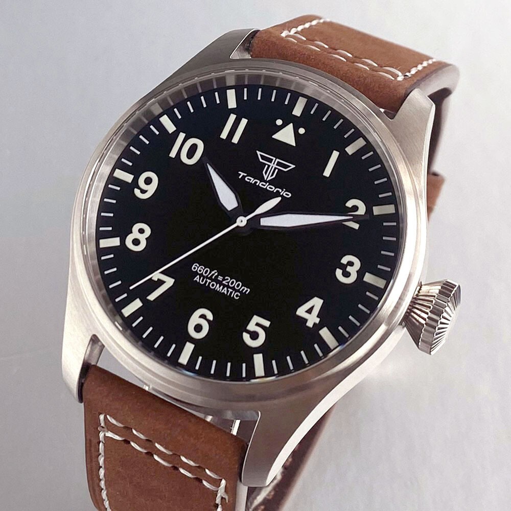 Tandorio 43mm Retro Pilot Sapphire Glass 20ATM NH35A PT5000 Men Mechanical Watch