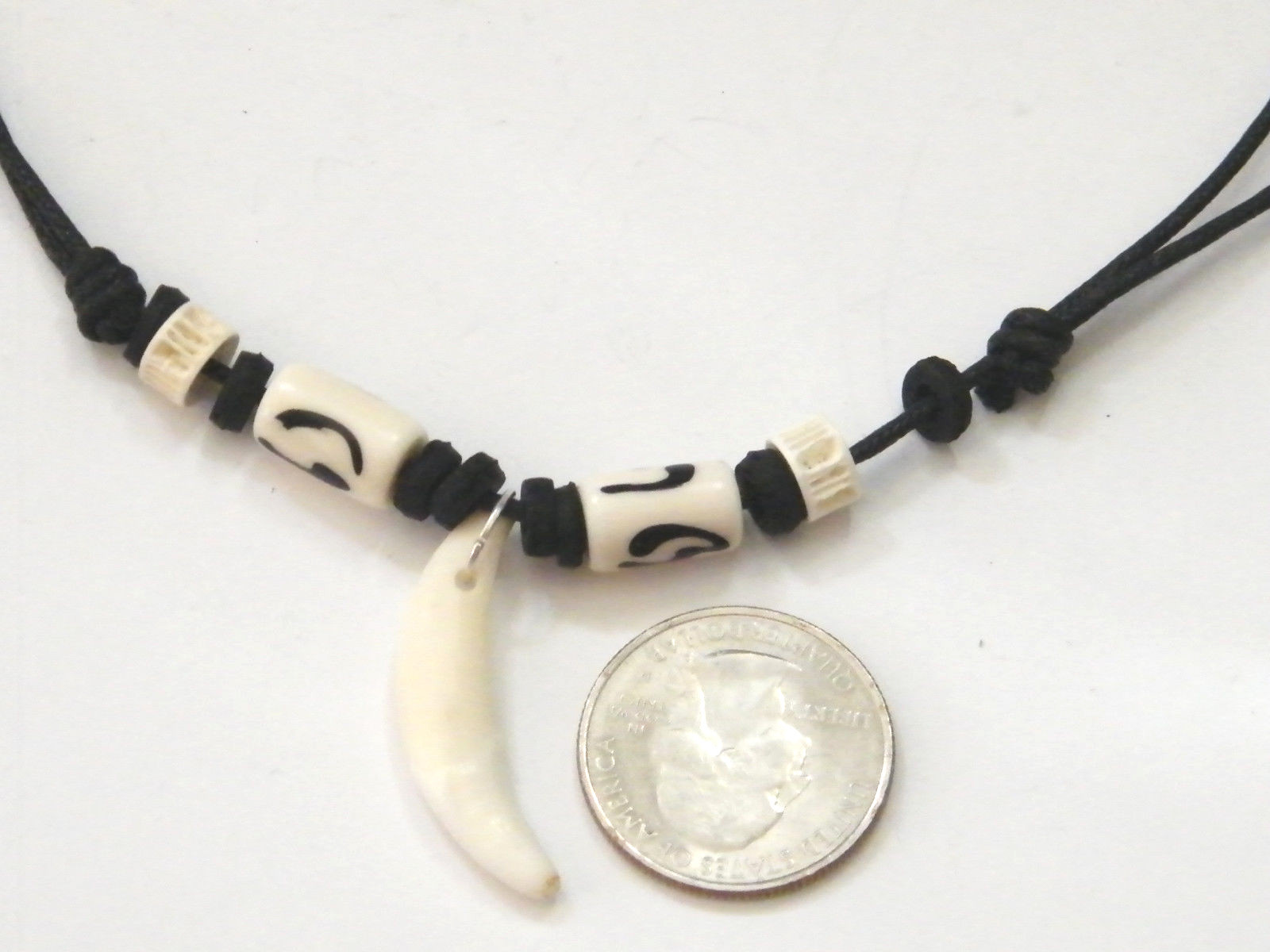 White Coyote Tooth Necklace REAL Teeth Black White Beads 16″-28″ Black Cord NEW!
