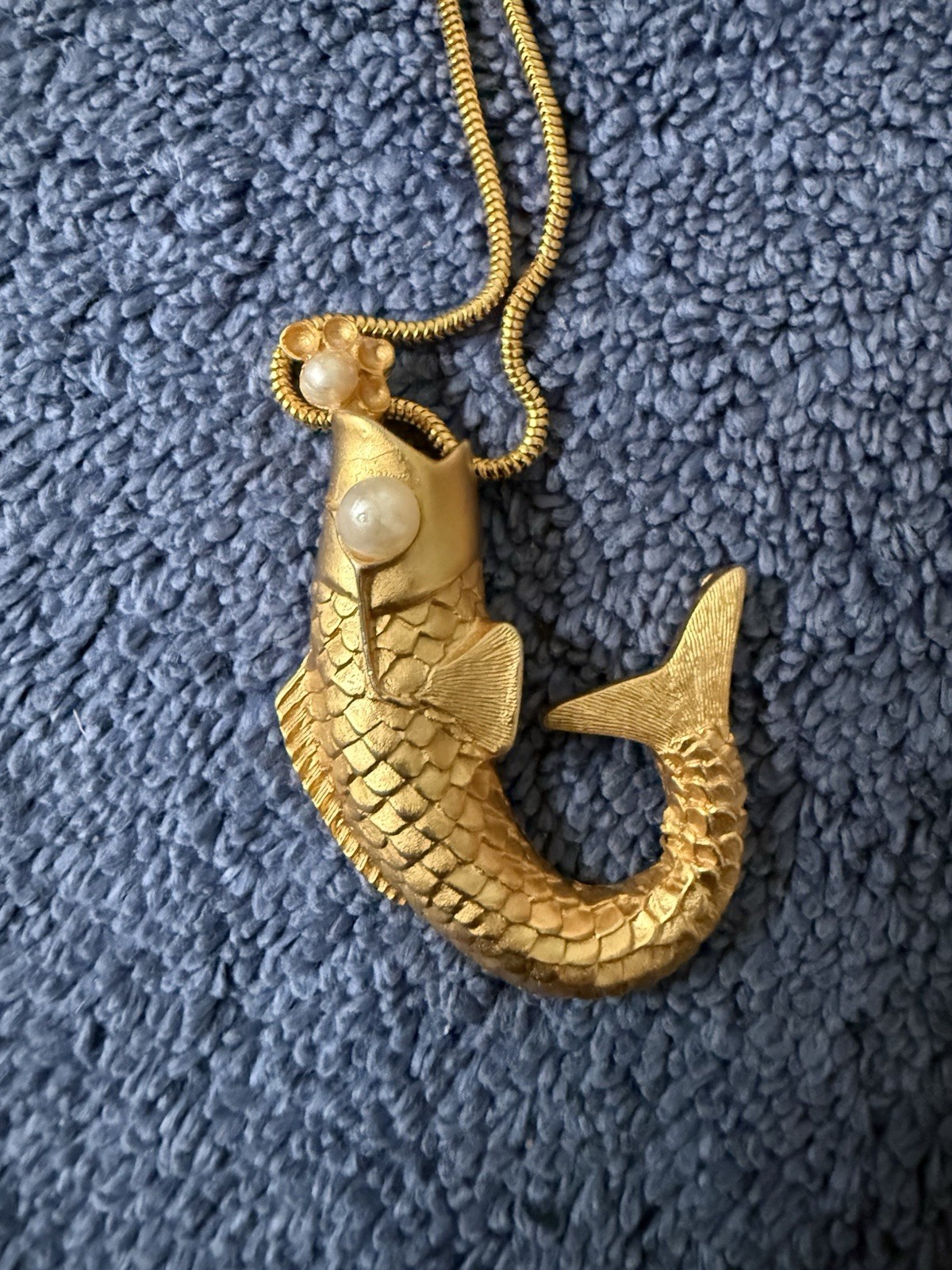 Vintage 1990s Anne Klein Necklace Matte Gold Tone Koi Fish With Pearl Eye & Mout