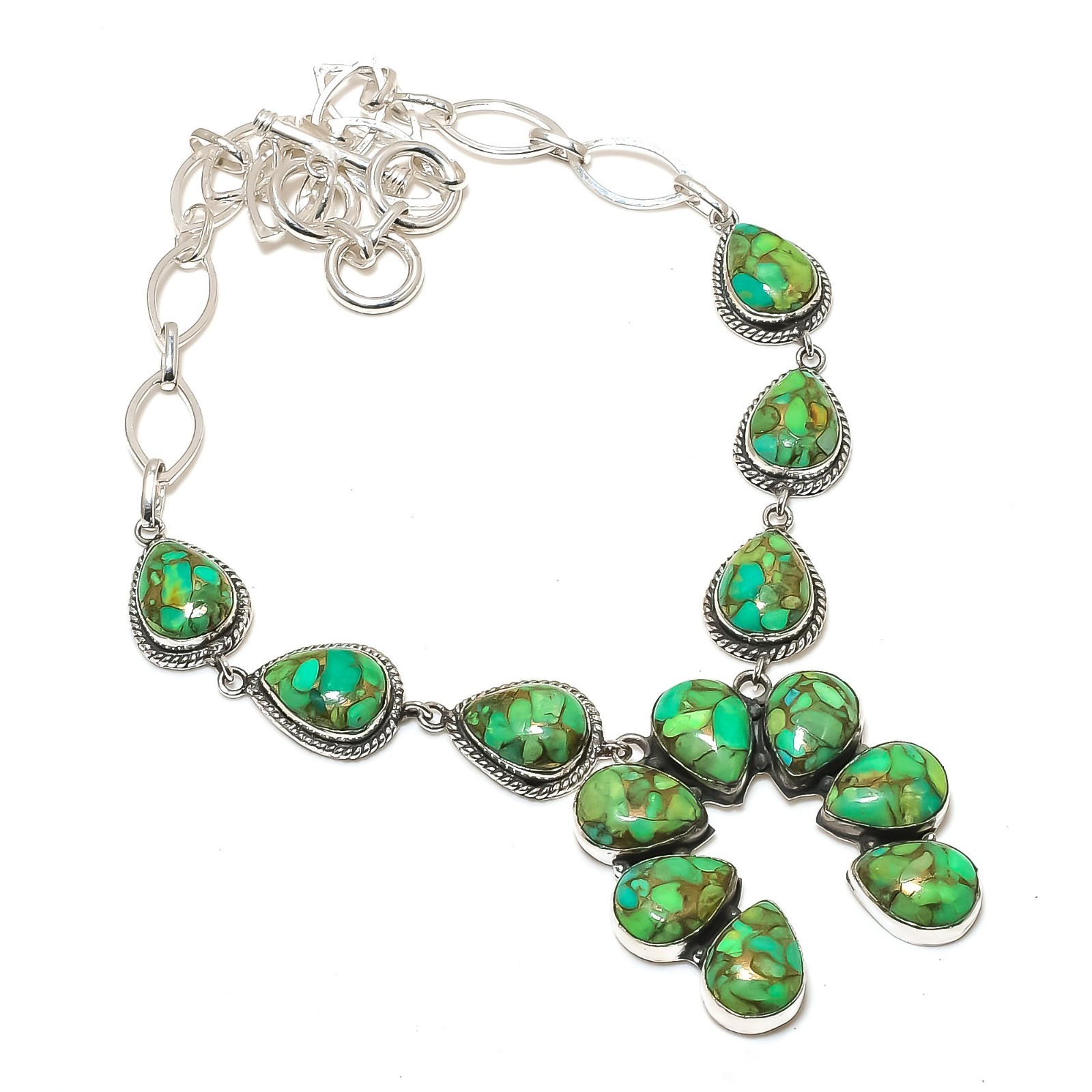 Green Copper Turquoise Gemstone Handmade 925 Solid Silver Necklace Jewelry
