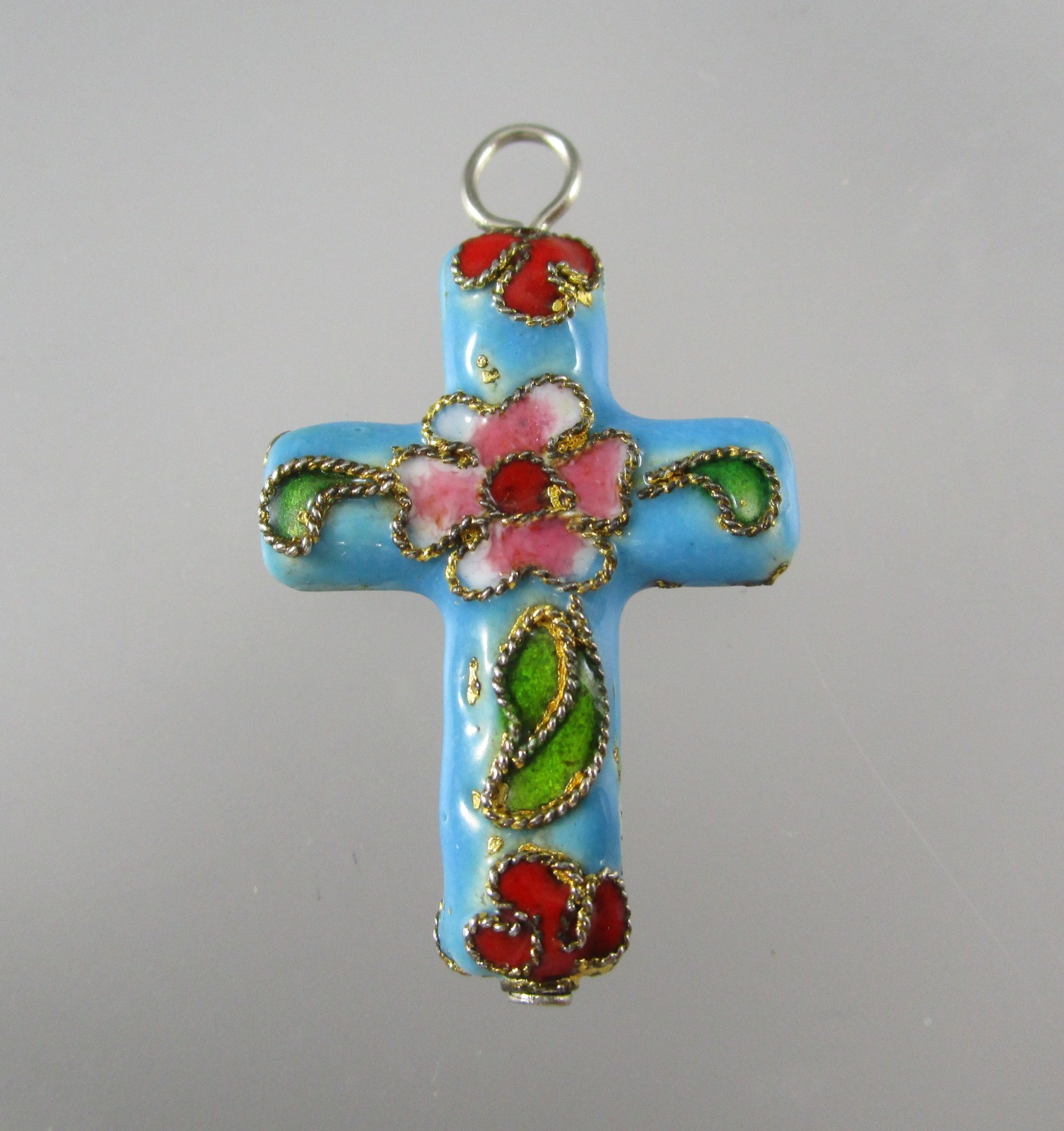 Vintage Cloisonne Blue Red Green Floral Enamel CROSS Pendant for Necklace 1046