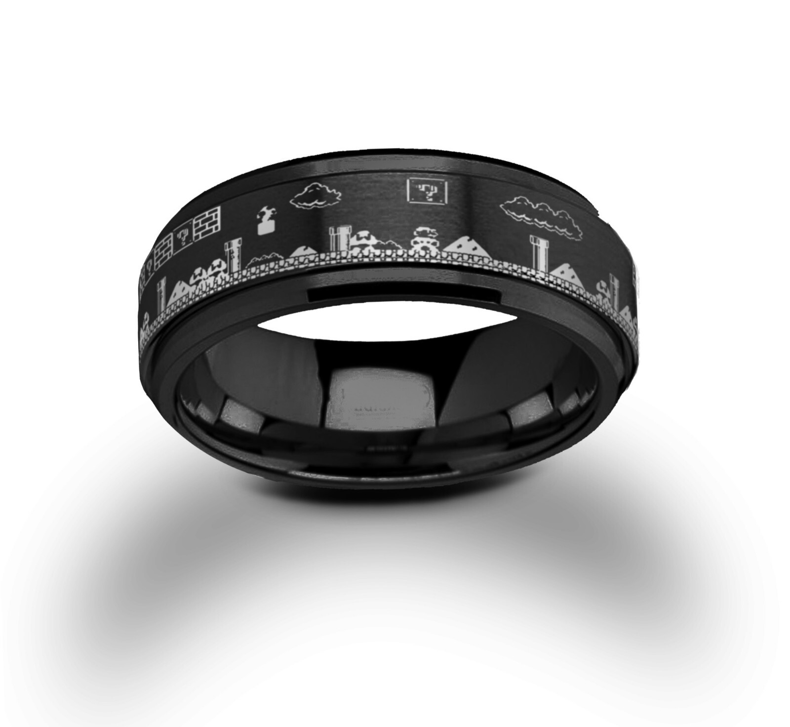 Mario Bros Video Game Spinner Ring, Tungsten Carbide Wedding Ring 8mm