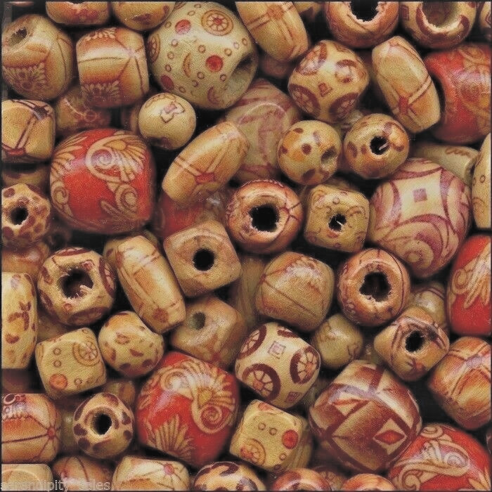 200 Bamboo Craft Art Beads Mixed Shapes Size Pattern Lightweight Strong Wood MIX