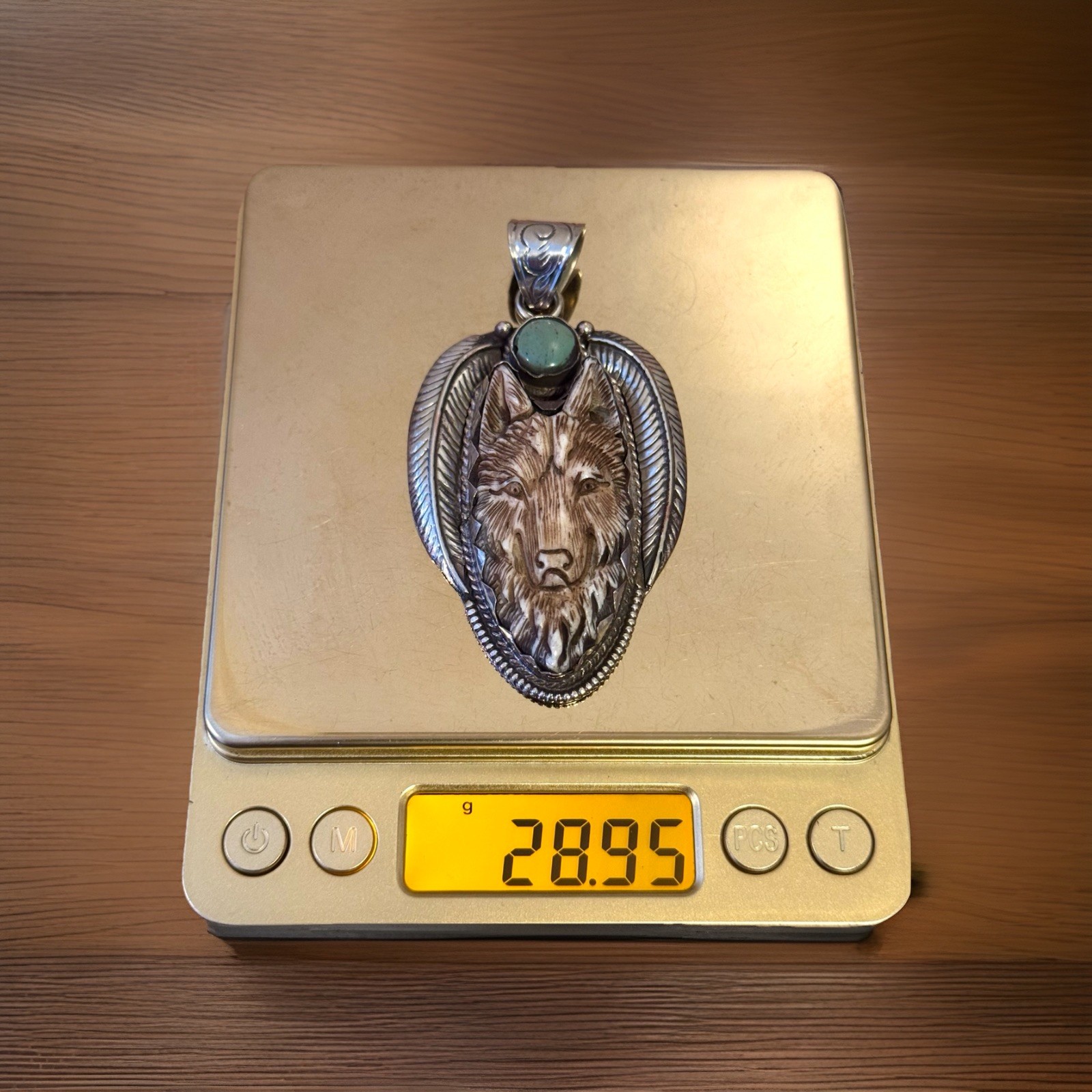 Hand Carved Bone Pendant,Wolf Art,Auspicious Floral Carving,Turquoise & Silver