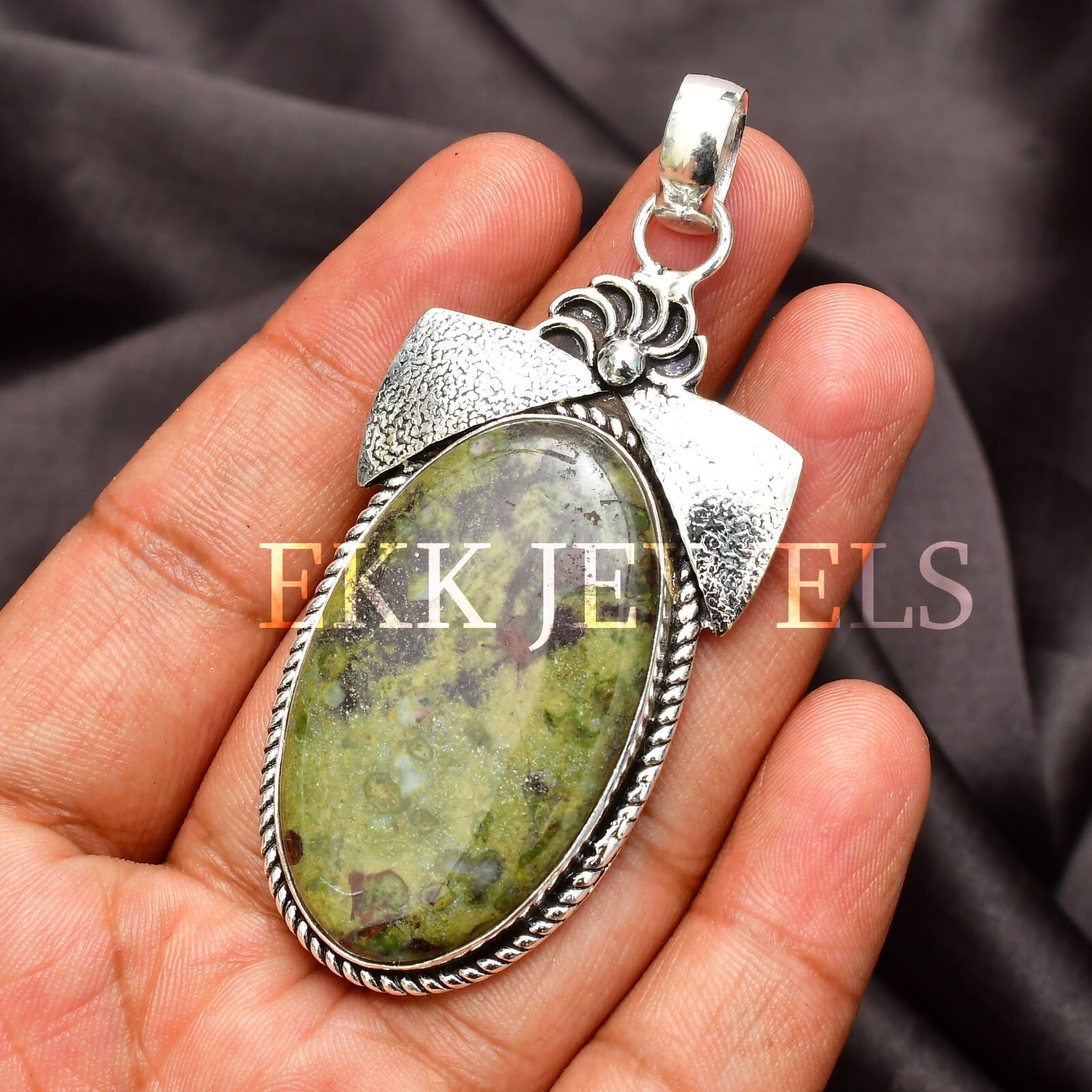 Drgon Jasper Gemstone Handmade 925 Sterling Silver Jewelry Pendant 2.10″