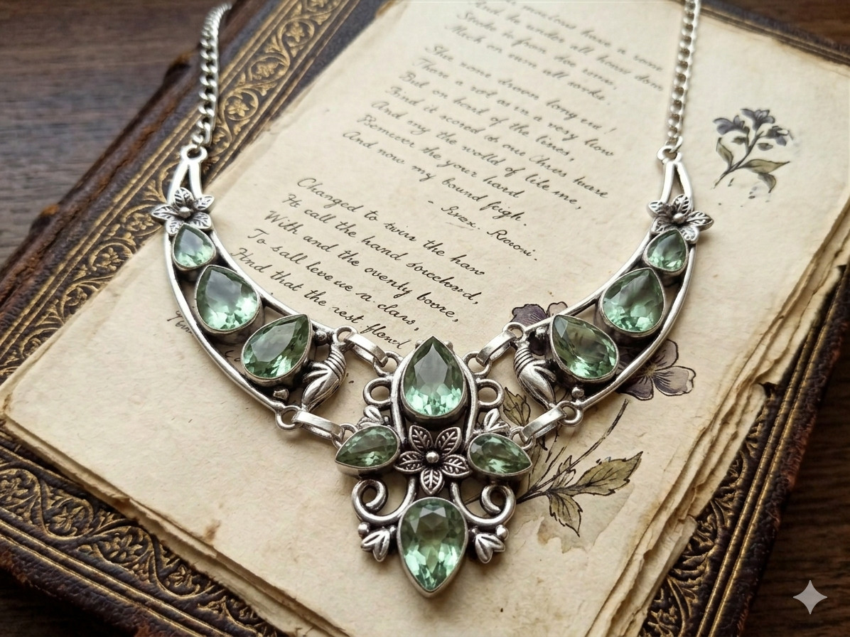 925 Sterling Silver Green Amethyst Gemstone Necklace Handmade Jewelry 18″