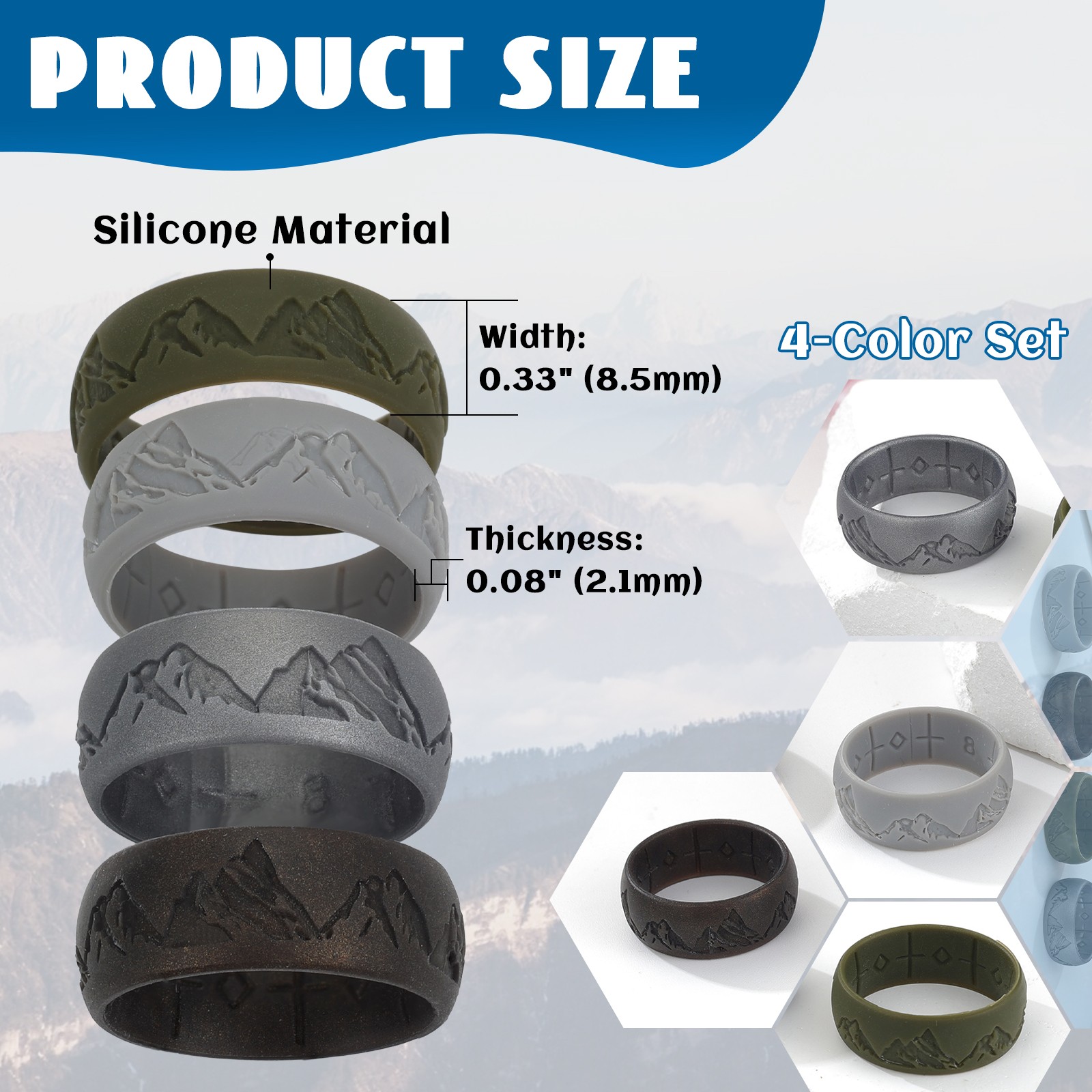 4 Pack Men’s Silicone Wedding Ring Mountain Pattern Sports Rubber Band Size 8-12