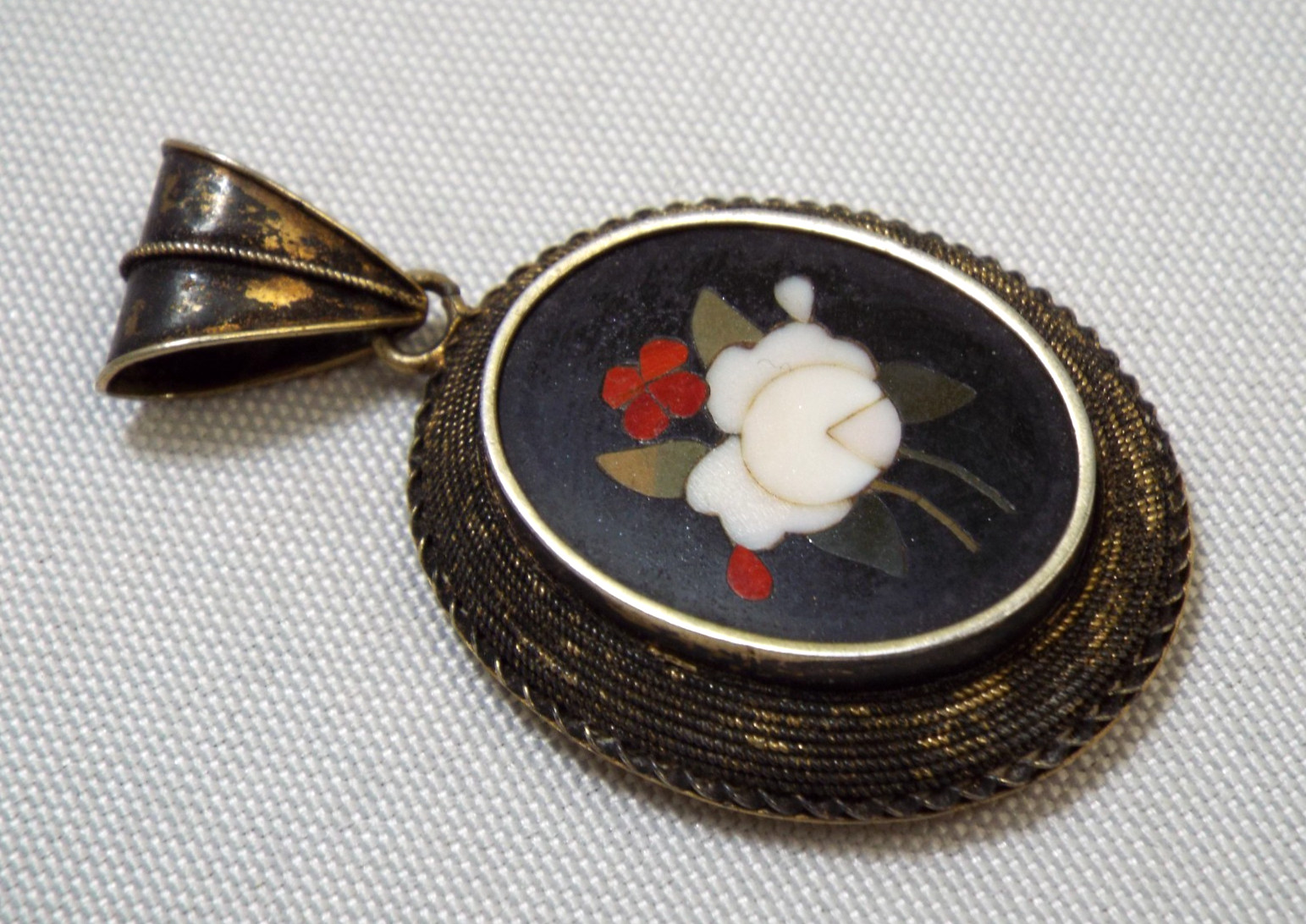 Antique Italian Pietra Dura Inlaid Mosaic 2 Sided Pendant Sterling Silver 12.1g