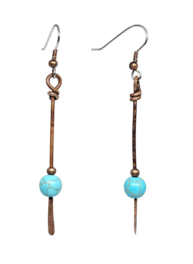 Handmade Copper Stick Dangle Earrings Blue Magnesite Beaded Boho Drop