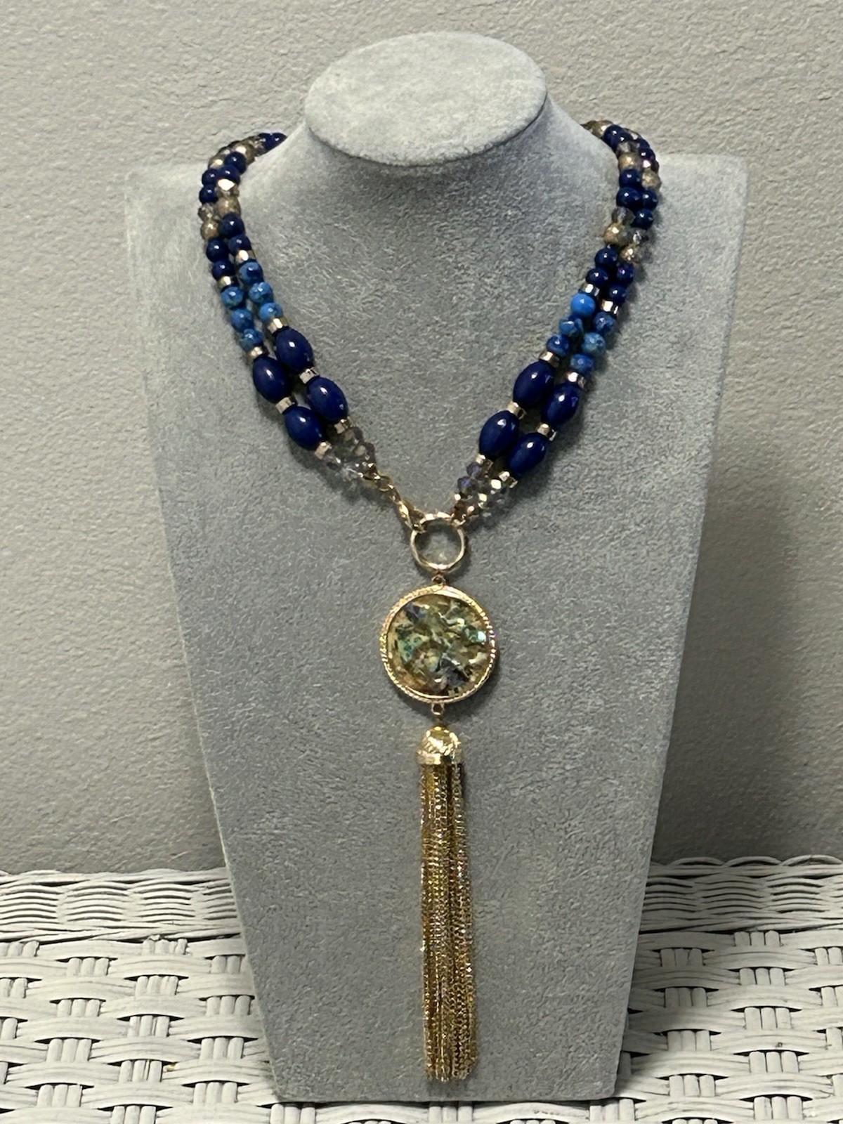 Beaded Necklace Blue/Gold/Clear Beads Ornate Gold-Tone Abolone Pendant & Tassel