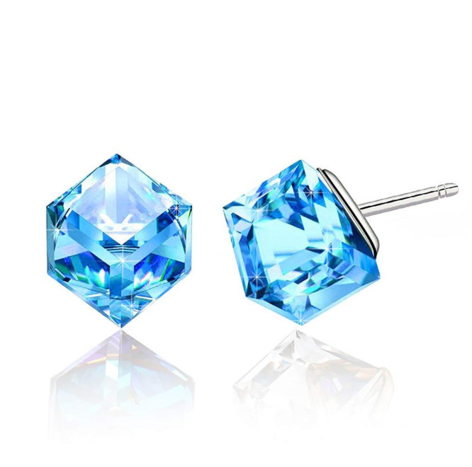 A Pair Square Cube Crystal 925 Sterling Silver Stud Post CZ Earrings Gift