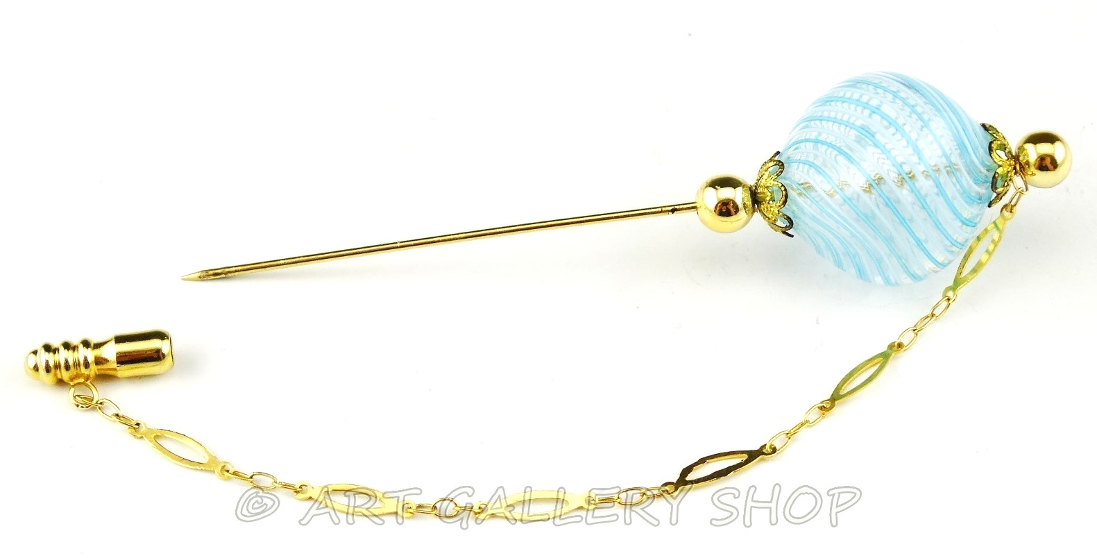 Vintage Murano Italy Hand Blown BLUE SWIRL Art Glass & GOLD TONE PIN BROOCH