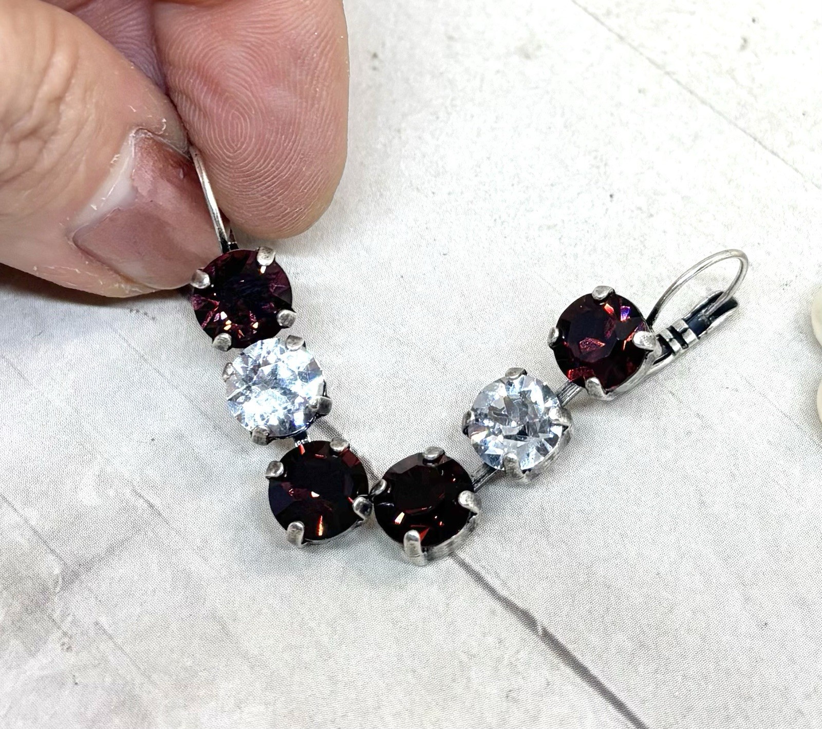 Antique Silver Plated Burgundy Triple Stone Earrings