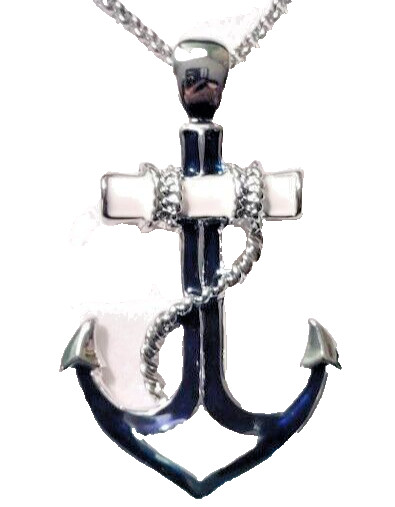 Nautical Anchor Pendant Necklace 24 ” Chain Navy Blue and White Fast Shipping