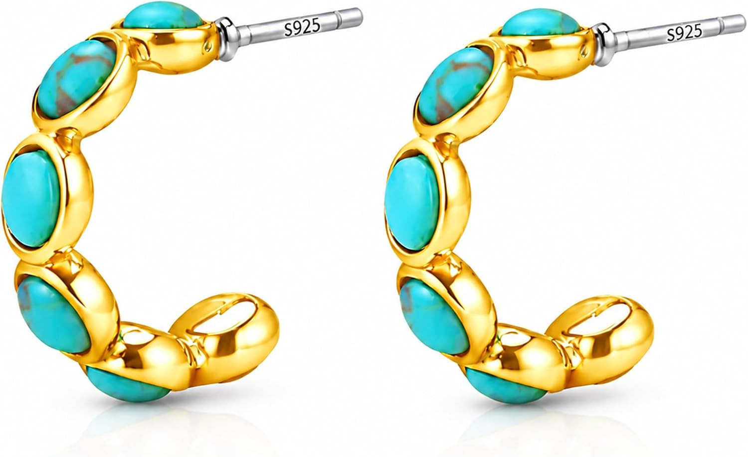 Genuine Turquoise Hoop Earrings with 925 Sterling Silver Post | Natural Western