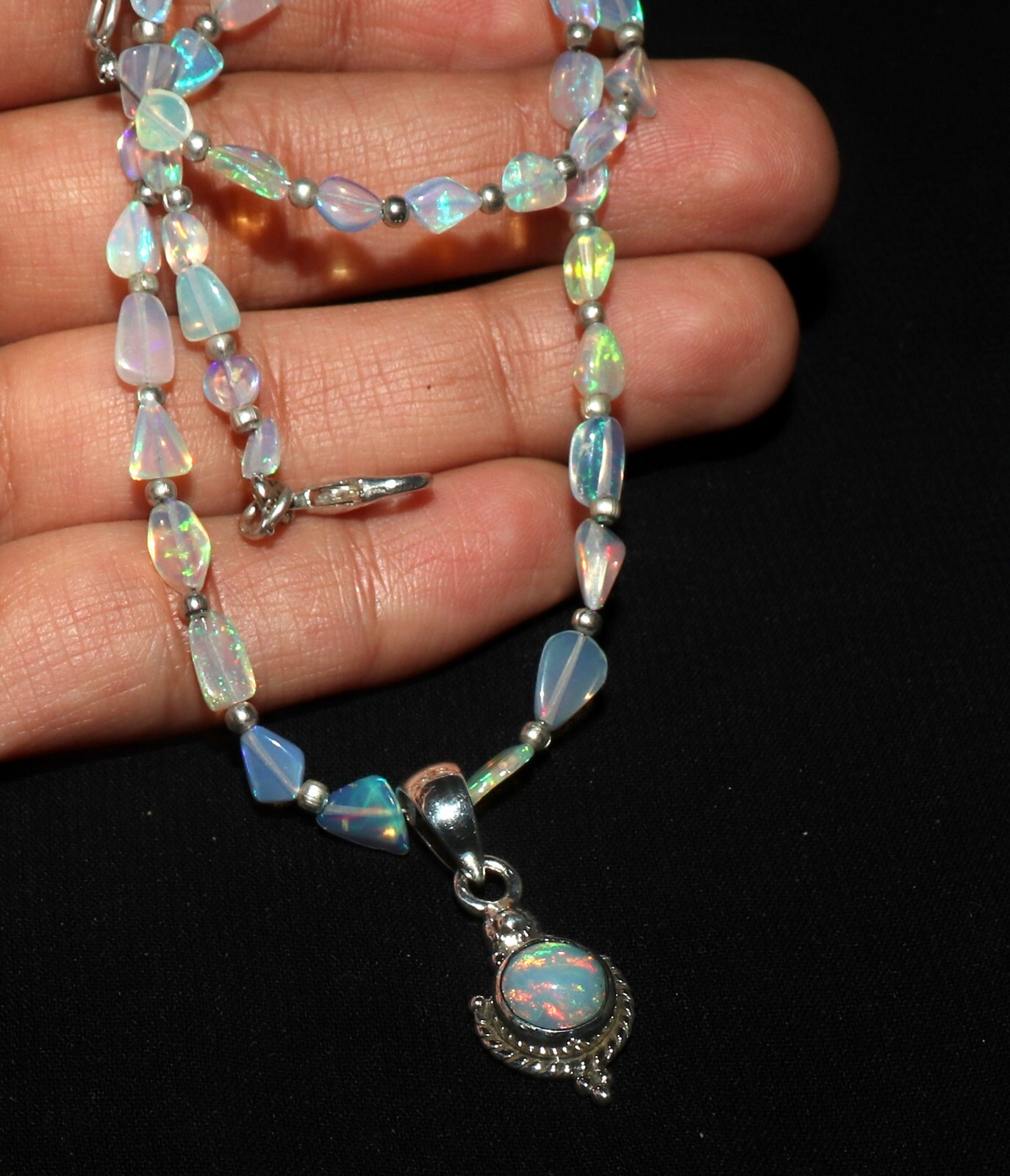 Ethiopian opal beaded necklace with sterling silver opal pendant opal tumble
