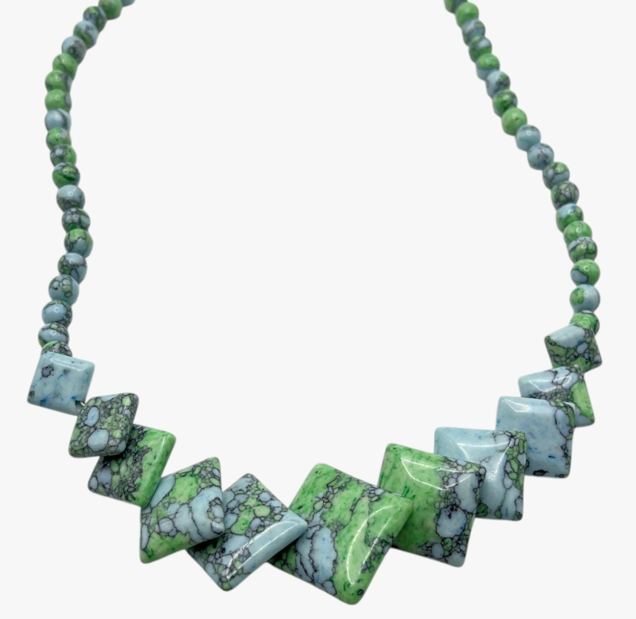 Blue Green Dyed Gemstone Bib Necklace Graduated Square Beaded 18″ Boho Southwest