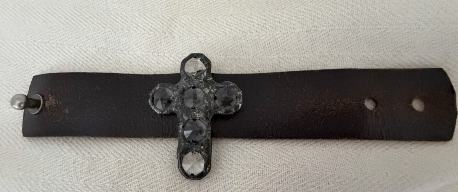 Jamie Dietrich Vintage Dark Leather & Crystal Cross Cuff Bracelet Limited – Rare