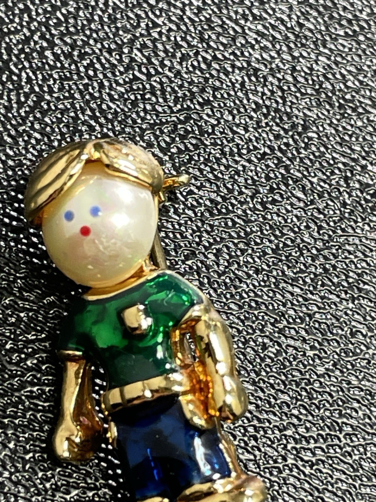 Vintage Faux Pearl Little Boy Blue & Green Enameled Gold Tone Brooch Pin