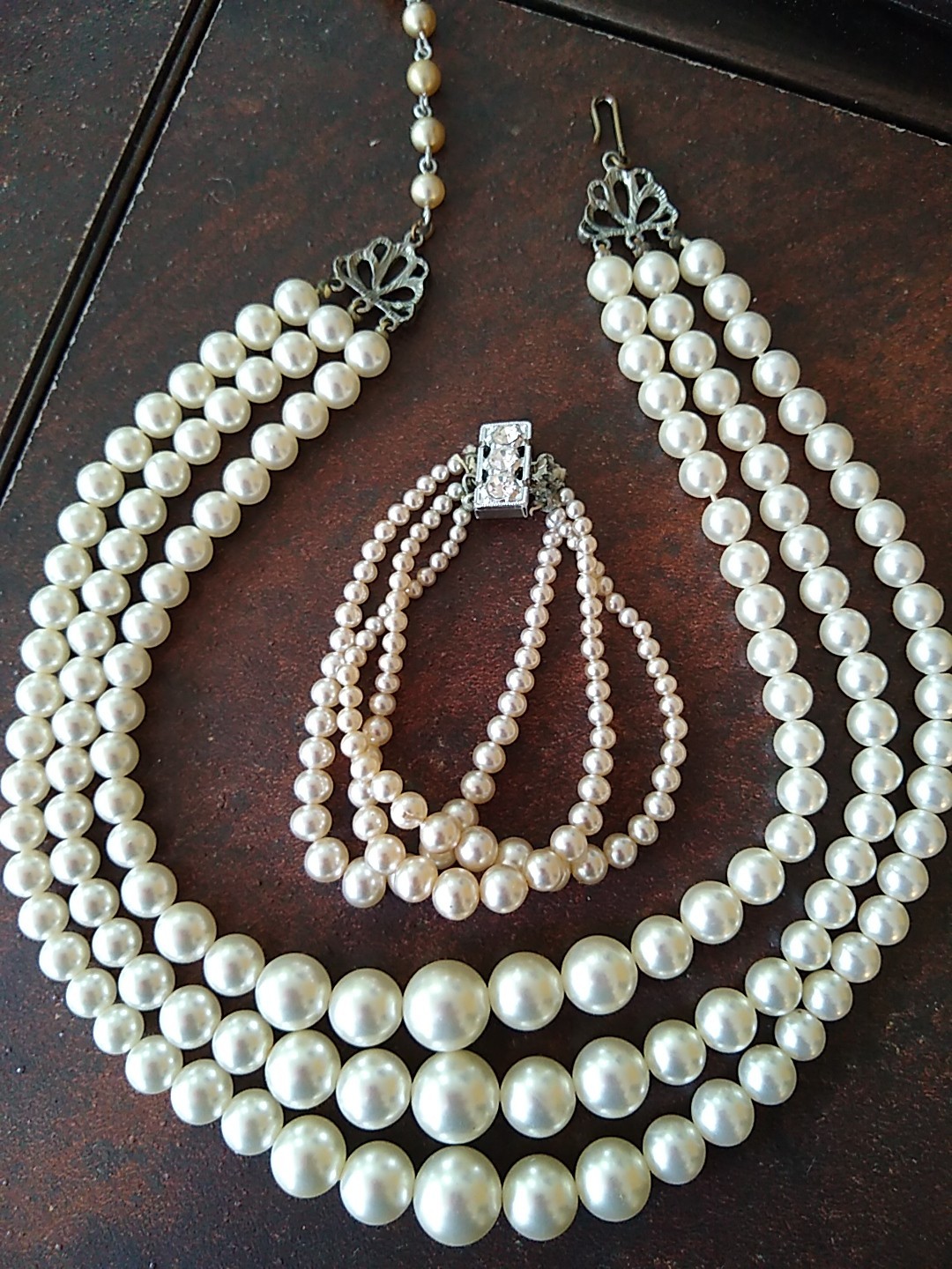 Vintage 3 Strand Faux Pearl Necklace 14 1/2 With 2 1/2 Extension & Bracelet