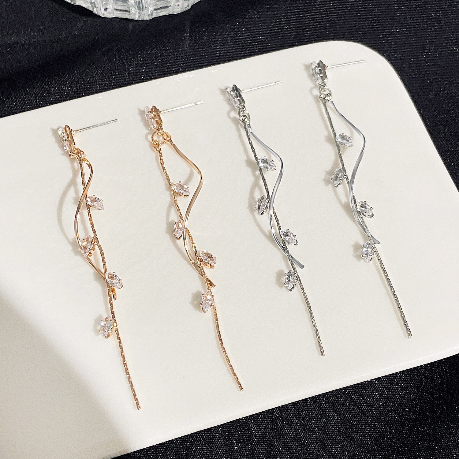 Women 925 Silver Post Tassel Chain Leaf CZ Dangling Drop Stud Earrings Party S13